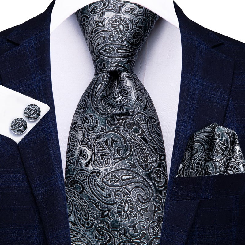 Hi-Tie Men 63inches Tie Set Extra Long Necktie Paisley Tie Pocket Suqare Cufflinks Big and Tall Men Tie,Black Grey - Image 3
